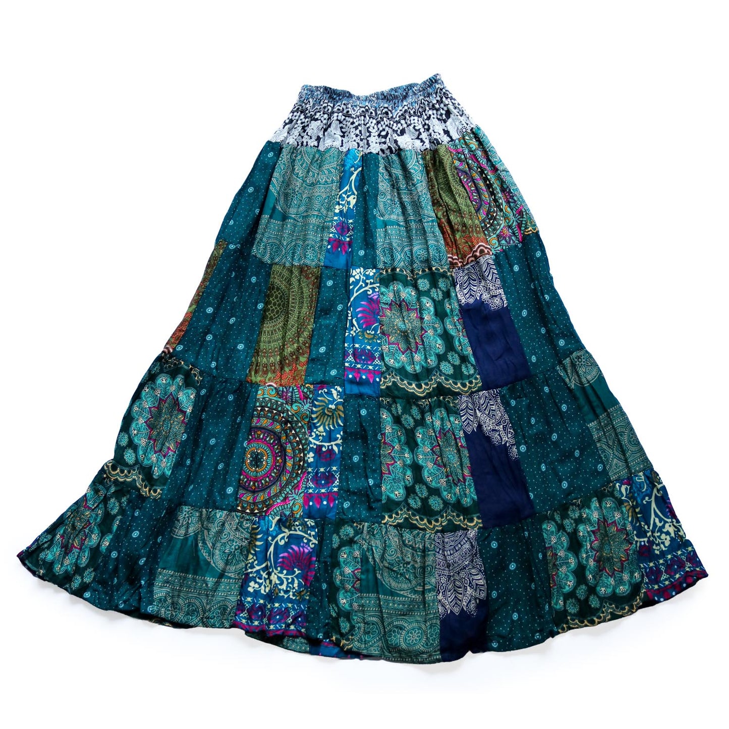 パッチワーク フレアスカート - エスニックグリーン