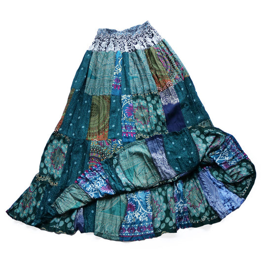 パッチワーク フレアスカート - エスニックグリーン