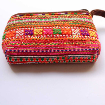 モン族 手刺繍ラウンド ミニポーチ ストラップ付