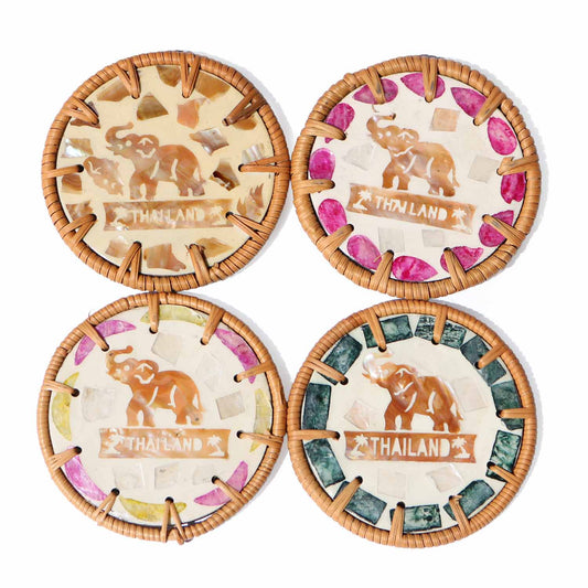 象柄シェル＆ラタン ハンドメイドコースター