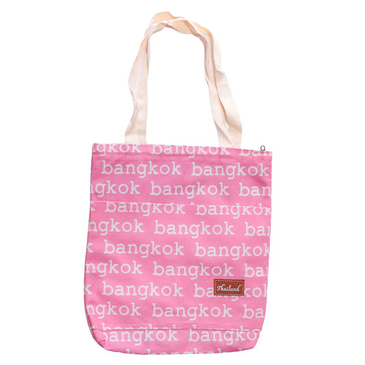 Bangkok柄 キャンバス トートバッグ ピンク ファスナー付き