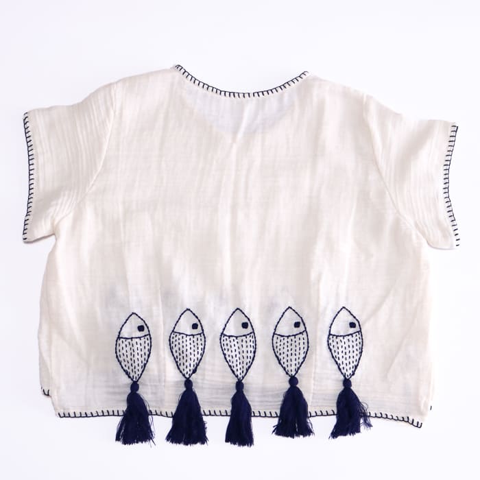 タイ手作り 刺繍入りアートワークトップス フリーサイズ ハンドメイド刺繍 フィッシュテール半袖トップス ダブルガーゼ